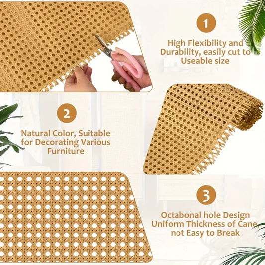 Plastic Rattan Webbing Roll, Handwoven Synthetic Poly Rattan, Faux Cane Mesh-Open Weave, for DIY Home Decor Projects