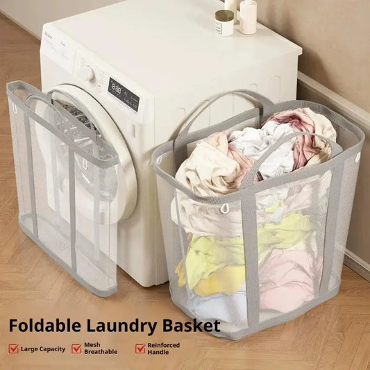 Large Capacity Mesh Dirty Clothes Basket with Handle Breathable Folding Laundry Socks Underwear Organizer Bag for Home Bathroom