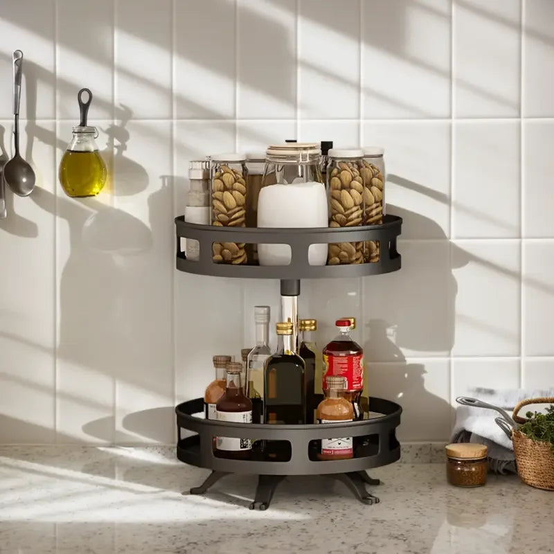 3-Tier Metal Rotating Organizer Spice Rack Seasonings Cans For Kitchen Accessories 360-Degree Non-Skid Carbon Steel Storage Tray