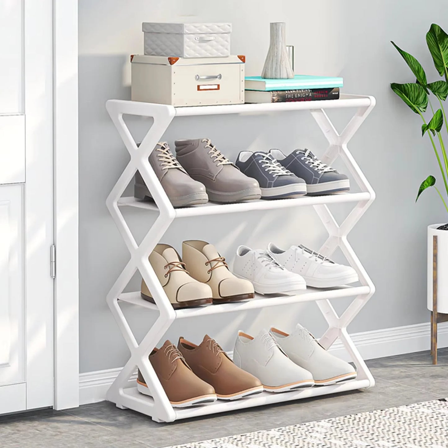 4-Tier Foldable X-Shape Shoe Rack, No Assembly Space Saving Organizer, Freestanding Storage Shelf, for Entryway, Hallway, Closet