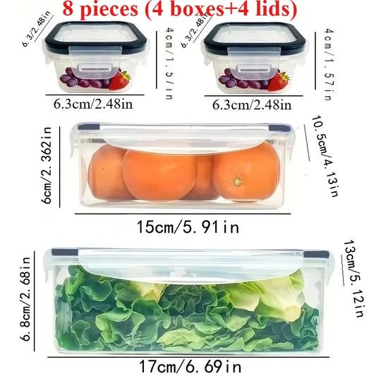 8Pcs Set Includes 4 Containers and 4 Lids Airtight Food Storage Box Kitchen Fridge Organizer for Fruits Vegetables Camping