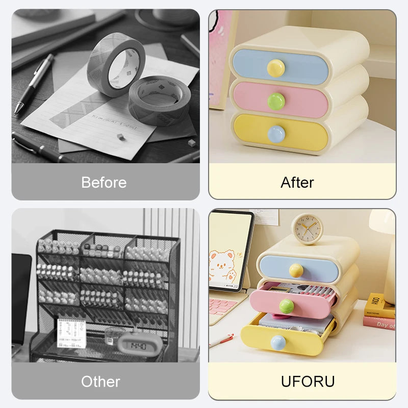 Uforu Dopamine Desk Organizer, 3-Tier Drawer Storage Boxes Multi-Function Stationery Desktop Shelf for Office Dorm