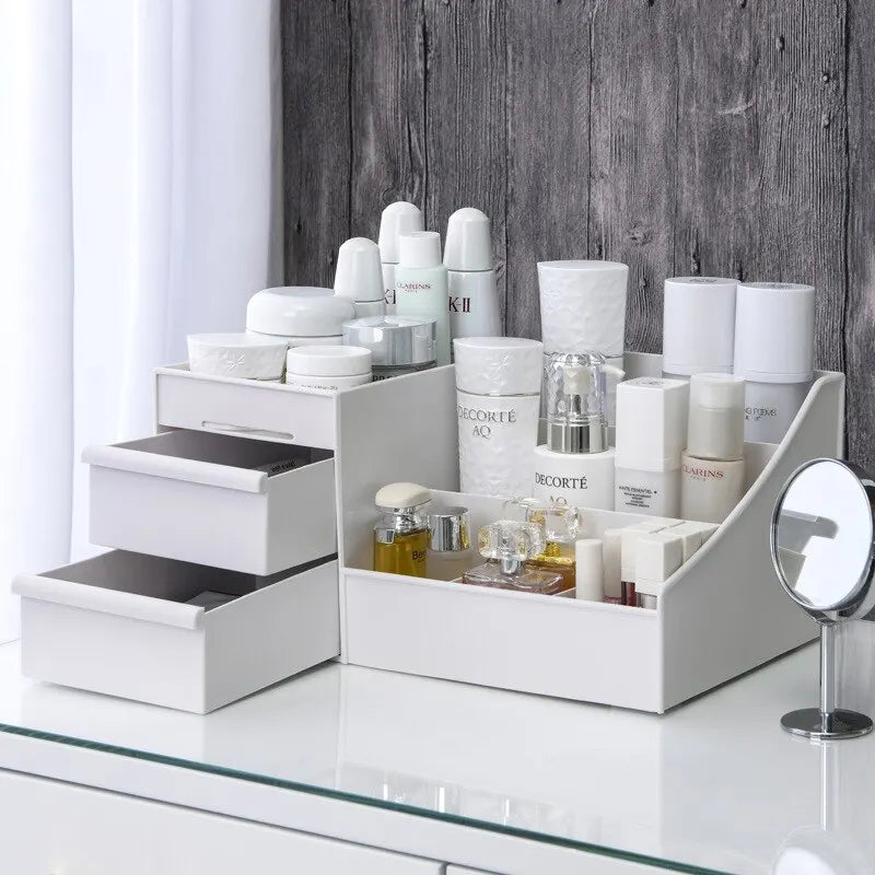NEW 1pc White Drawer Makeup Storage Box Plastic Organizer for Cosmetics Skin Care Dressing Table Desktop Dormitory