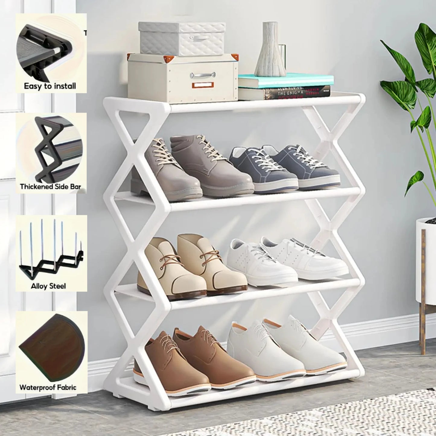 4-Tier Foldable X-Shape Shoe Rack, No Assembly Space Saving Organizer, Freestanding Storage Shelf, for Entryway, Hallway, Closet