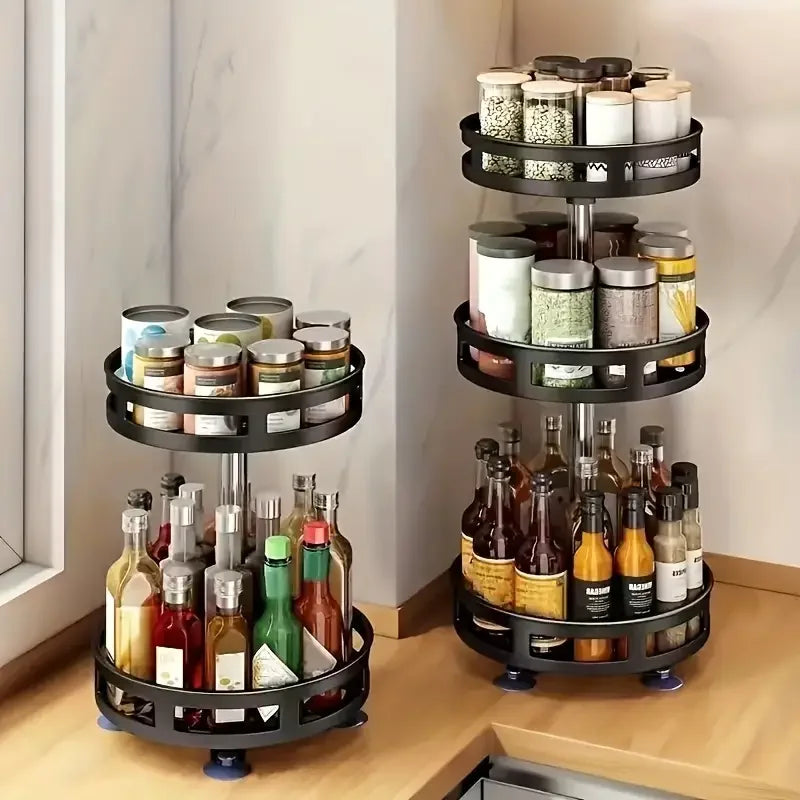 3-Tier Metal Rotating Organizer Spice Rack Seasonings Cans For Kitchen Accessories 360-Degree Non-Skid Carbon Steel Storage Tray
