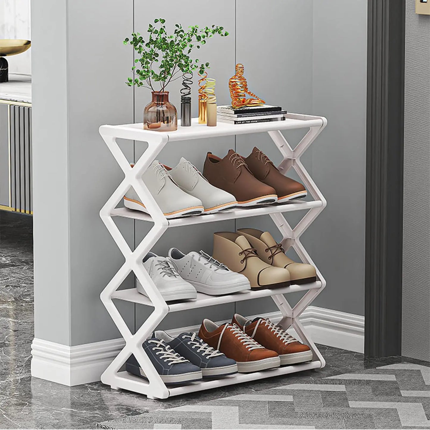 4-Tier Foldable X-Shape Shoe Rack, No Assembly Space Saving Organizer, Freestanding Storage Shelf, for Entryway, Hallway, Closet