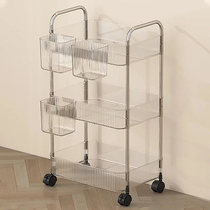 Light Luxury Storage Rack Trolley 2/3/4 Layers Transparent Acrylic Rolling Cart With Removable Hanging Baskets Snacks Bookshelf