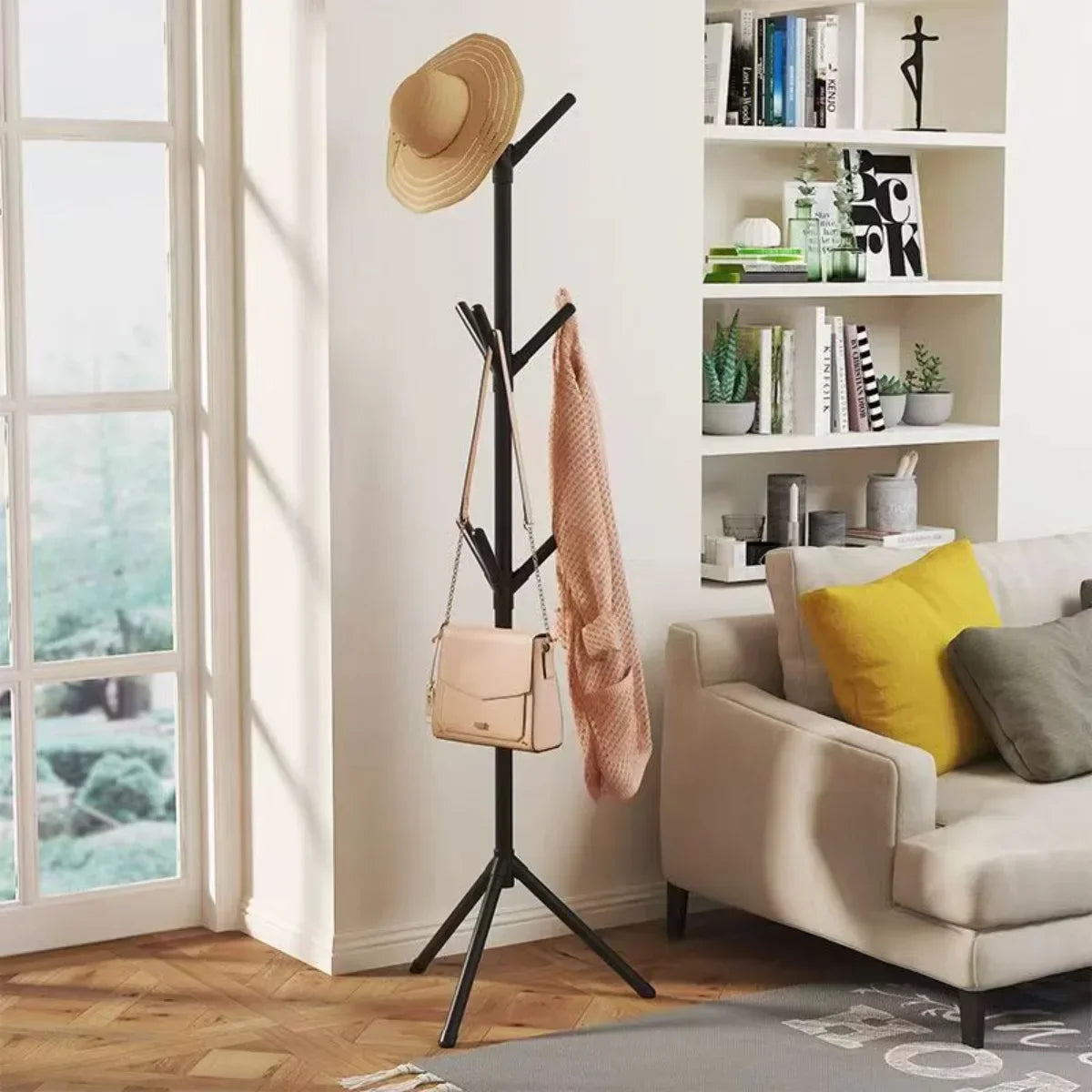Vertical Bedroom Clothes And Hats Rack - Floor to Floor Coat Hook Tree Branch Shape Holder for Scarf Handbag Storage