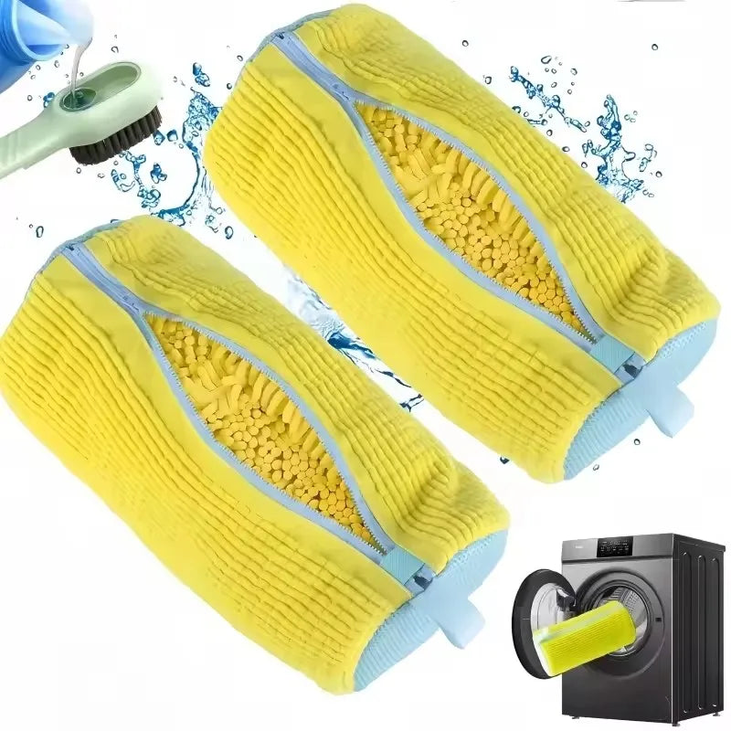 Fluffy Fiber Shoe Washing Bag 360° Surround Cleaning Reusable Durable Machine-Washable Laundry Bag with Zipper Closure (1pc)