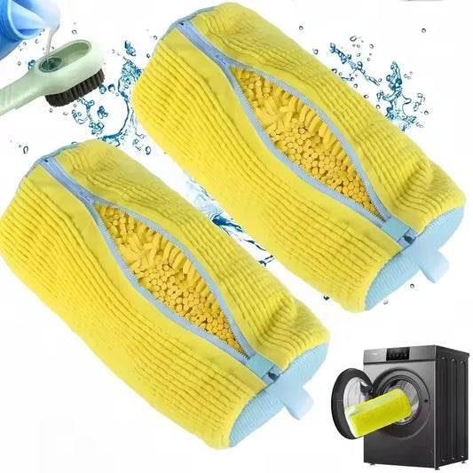 Fluffy Fiber Shoe Washing Bag 360° Surround Cleaning Reusable Durable Machine-Washable Laundry Bag with Zipper Closure (1pc)